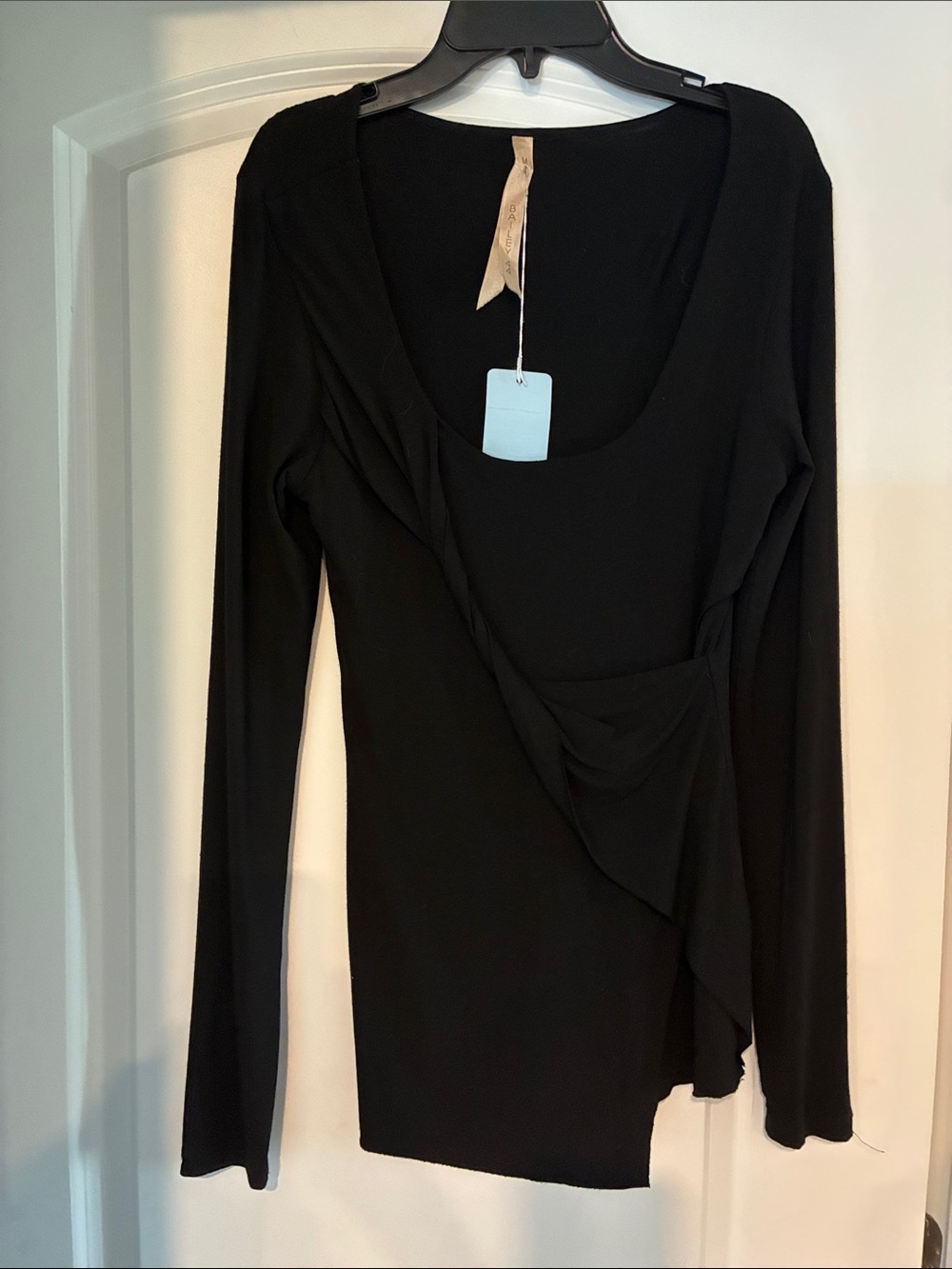 Bailey 44 Black Draped Long-Sleeve Scoop Neck Top